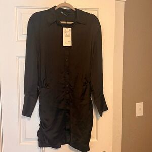 Zara Mini Shirt Dress Ruched Long Sleeve Black Button Down Size M